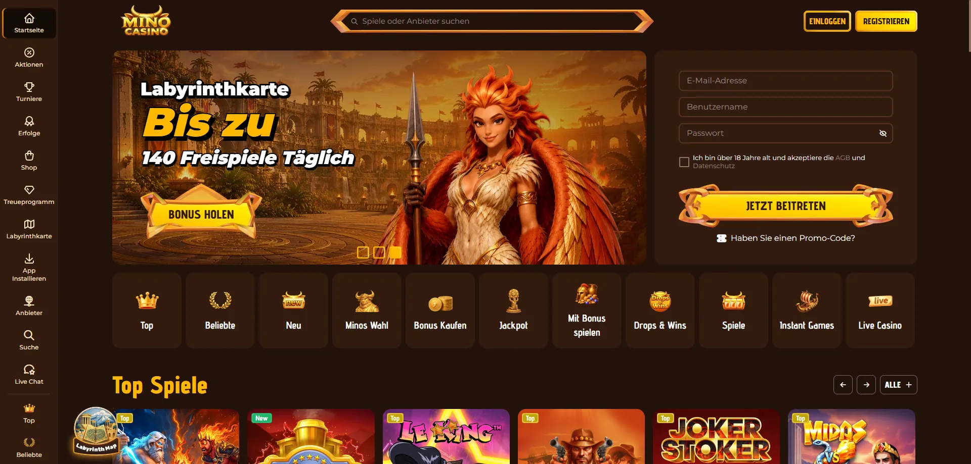 Interfaccia del catalogo giochi di Mino Casino — navigazione intuitiva